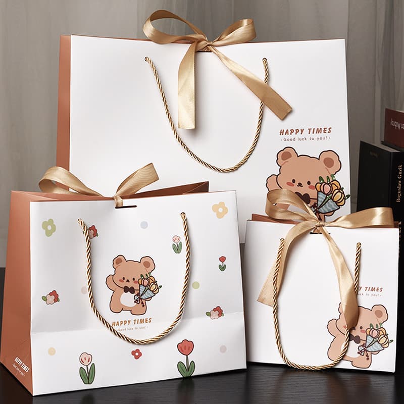 Bear Gift Bag Children's Day Handheld Packaging Bag with Ribbon Candy Bag Pull Rope Bag Tote Bag Festive Party Supplies