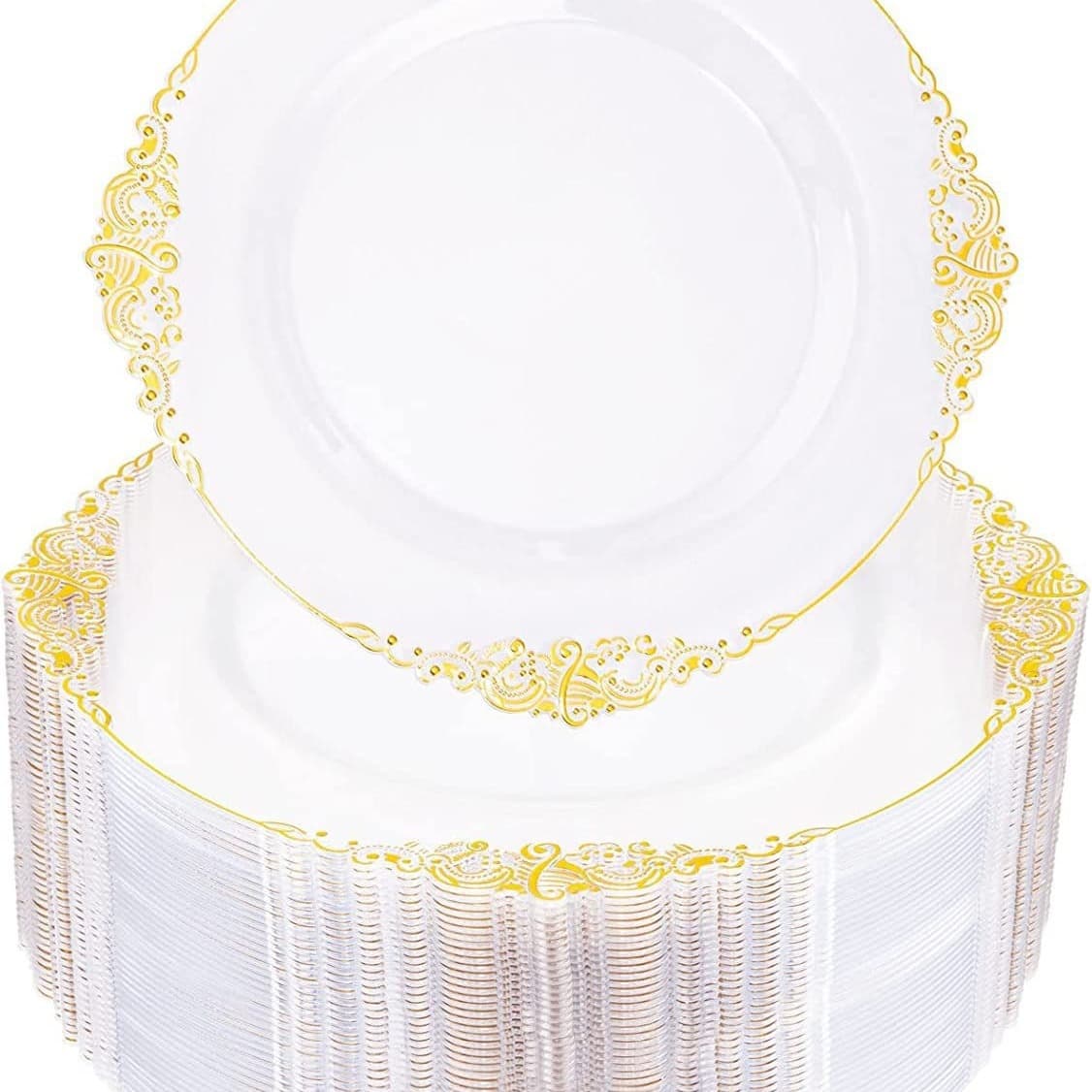 In-Stock Gold-Stamped Clear Dinner Plate Set Disposable Black Gold-Rimmed Embossed Plates PS Hard Plastic Plates Export Tableware