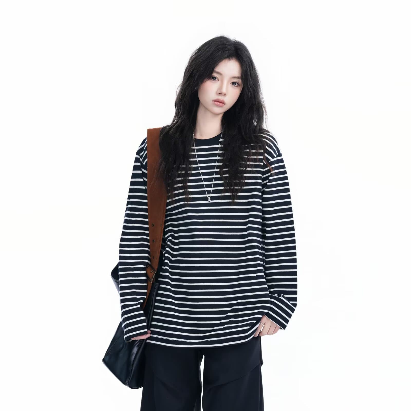 2025 Spring New Colored Black and White Striped Long-sleeved T-shirt Men's Trendy Brand Loose All-match Base Shirt Long-sleeved T-shirt Trendy
