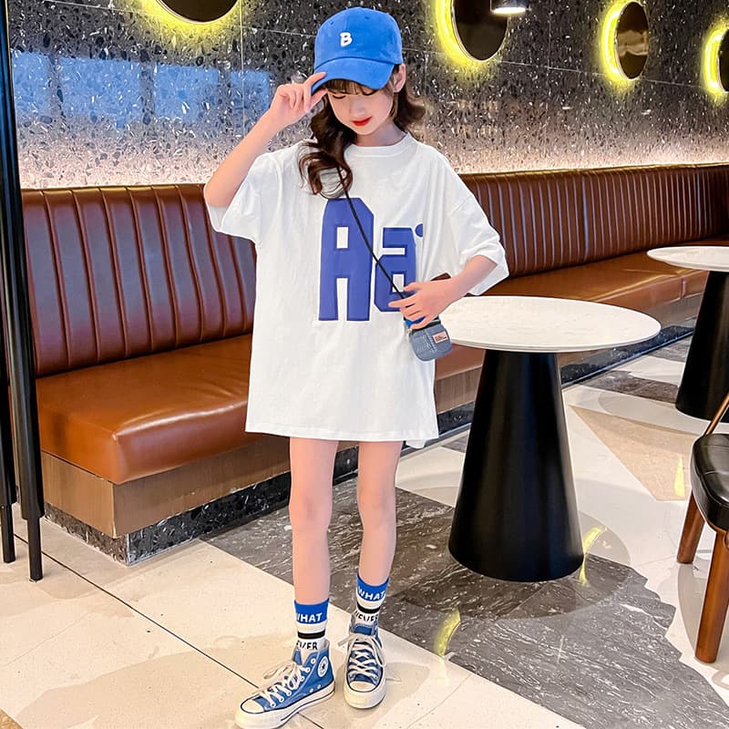 Girls' Short-Sleeve T-Shirt Dress Midi 2023 Summer New Kids Women's Summer Wear Large T-Shirt Plus Size Loose Dress