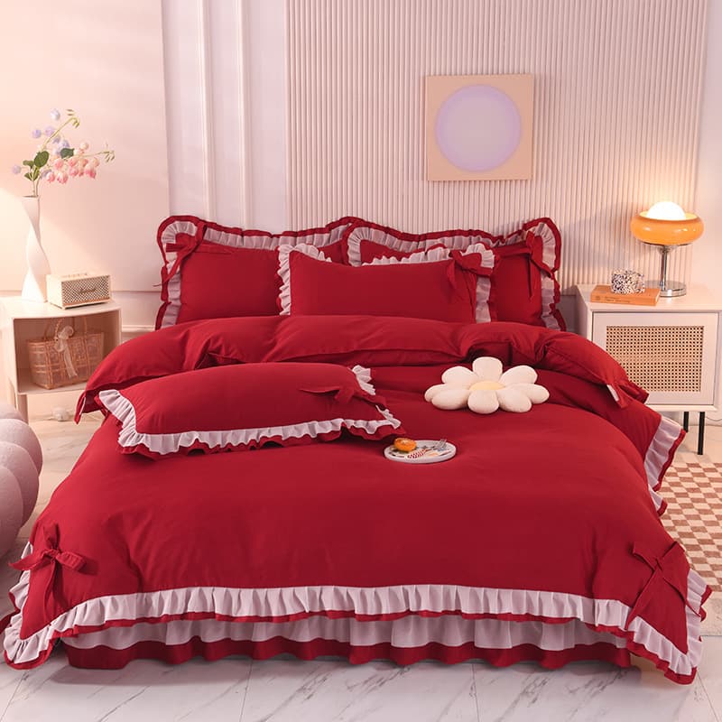 Skin-friendly Brushed Bowknot Four-Piece Bed Skirt Set Bedsheets Wholesale Milk Velvet Cross-border Export