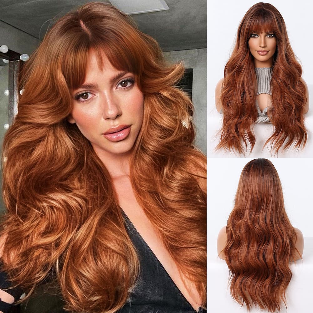 European and American Cross-Border Hot Selling Women's Daily Brown Long Curly Hair with Bangs Fashionable Full Wig