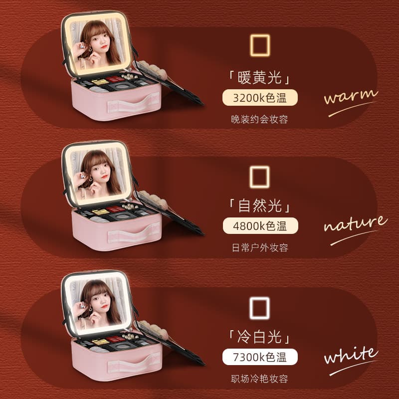 Premium Lighted Makeup Case with Mirror, Three-Color LED Makeup Bag for Women, New Portable Travel Large-Capacity Storage Bag