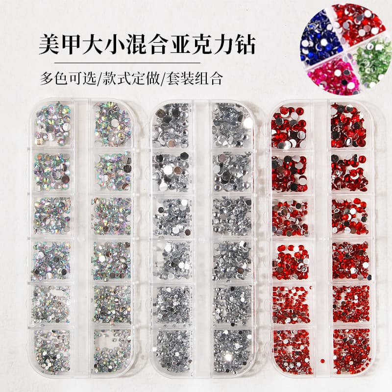 Nail Art Jewelry 12 Acrylic Rhinestone AB White Big Red Size Mixed Flat Bottom Drill Color Nail Drill