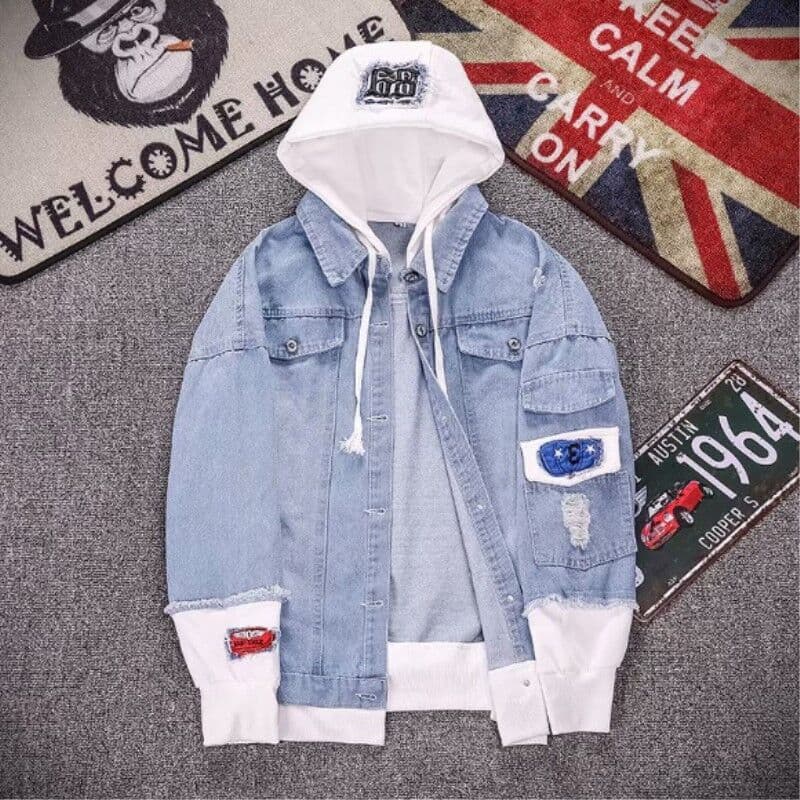 Spring/Autumn Hooded Denim Jacket for Men, Korean Trendy Student Coat, Slim Fit Stylish Vintage Top