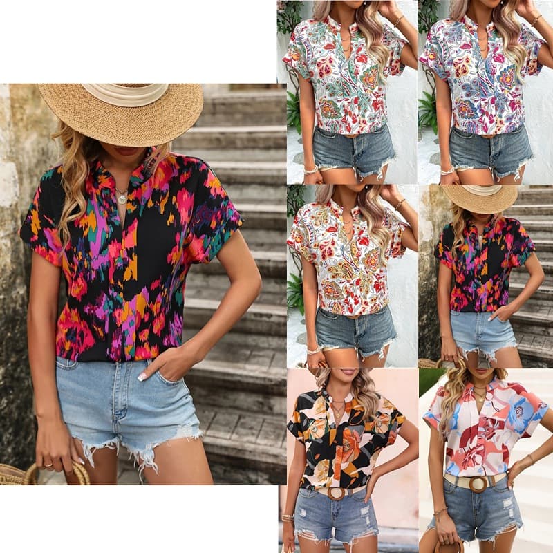 Summer Fashion European Women's Short Sleeve V-neck Printed Top Floral Plant Pattern Street Style Loose Fit Three-quarter Sleeve