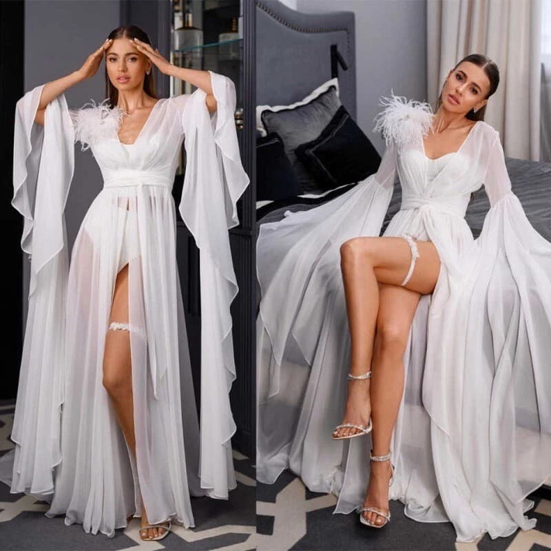 New Bride Morning Robe Chiffon Flared Sleeves Small Train Elegant Sexy Bathrobe Style Outer Wrap Available in Multiple Colors