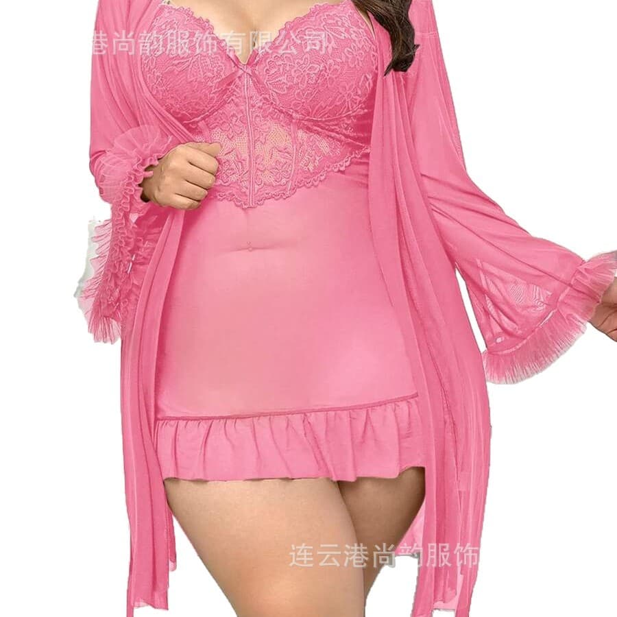 Cross-border Summer New Women's Sexy Lingerie Robe Cross-border Sexy Lace See-through Temptation Sleepwear Lace Strap Set