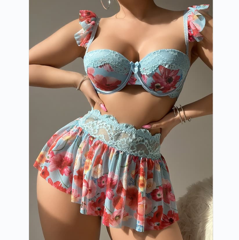 European and American cross-border popular sexy flower print hottie sexy lace stitching underwear push-up sexy bra set