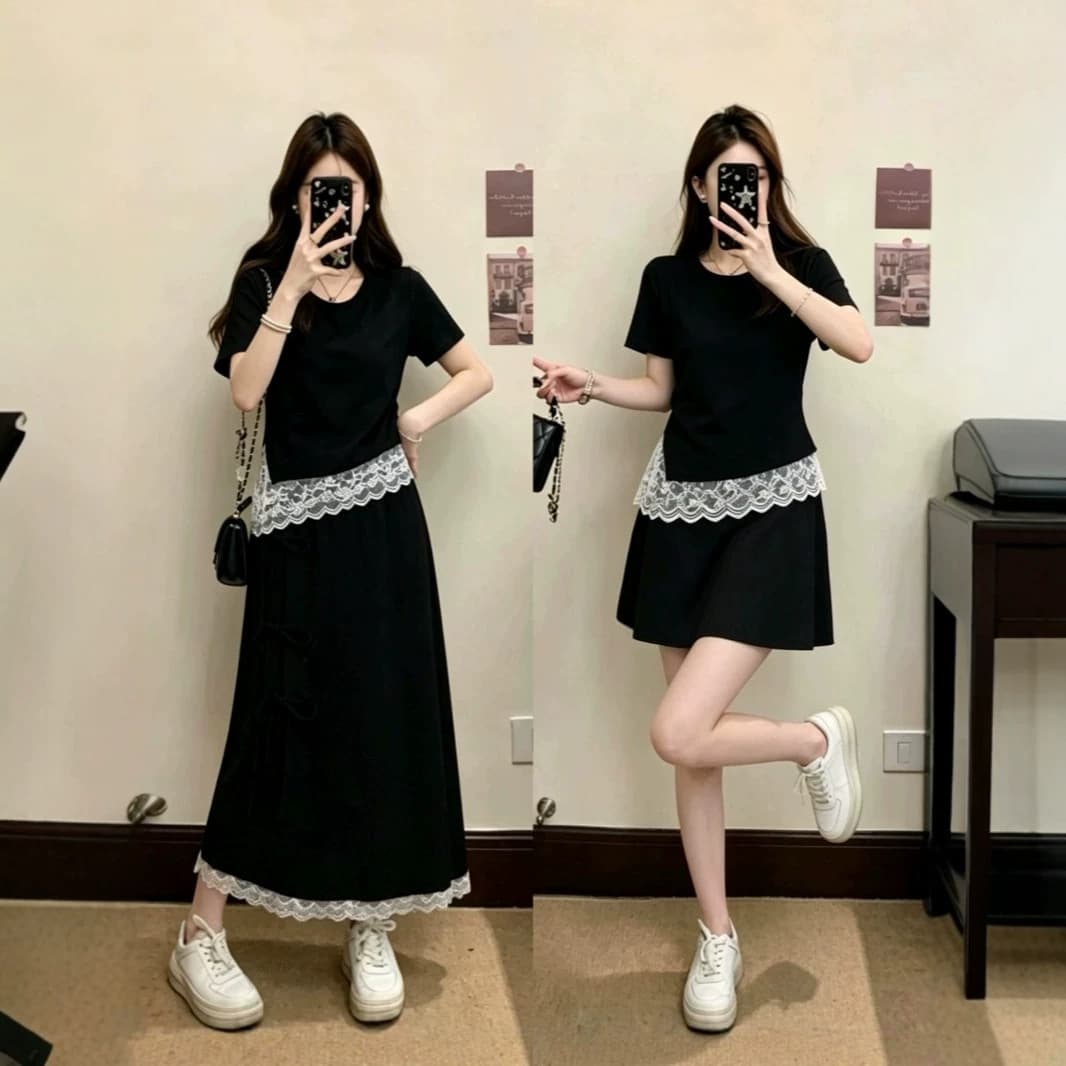 Plus Size Women's Summer New Lace Patchwork Design Short Sleeve Top + Skirt Slimming Two-Piece Set