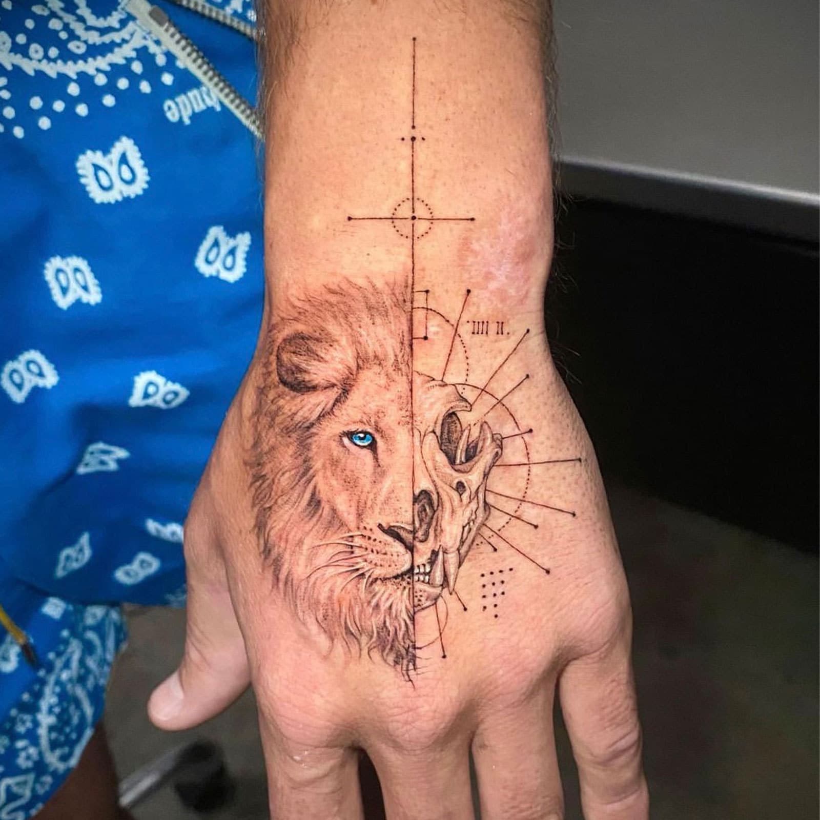 Geometric Cross Lion Half Skull Tattoo Sticker Blue Eyed Lion Forearm Vertical Strips Waterproof Sticker