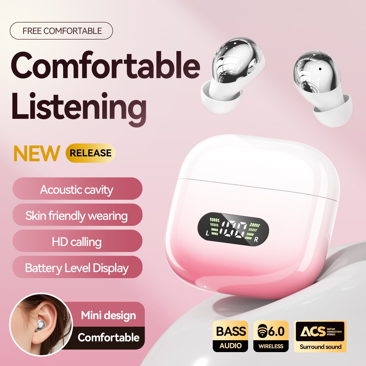 2026 new cross-border Bluetooth headset in-ear comfortable non-inductive power digital display ultra-long battery life Bluetooth headset