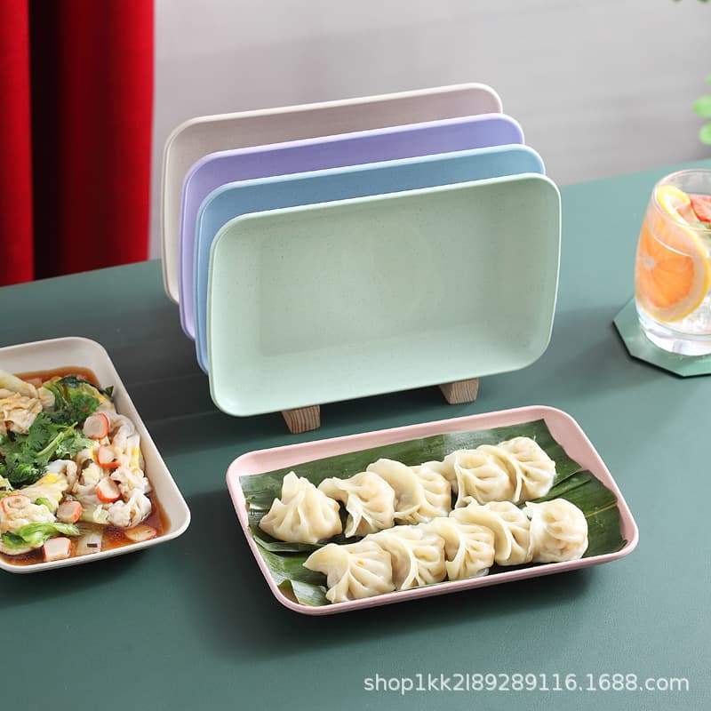 Plastic Vegetable Plate, Commercial Rice Noodle Tray, Rectangular Plate for BBQ Breakfast, Wheat Straw Tableware