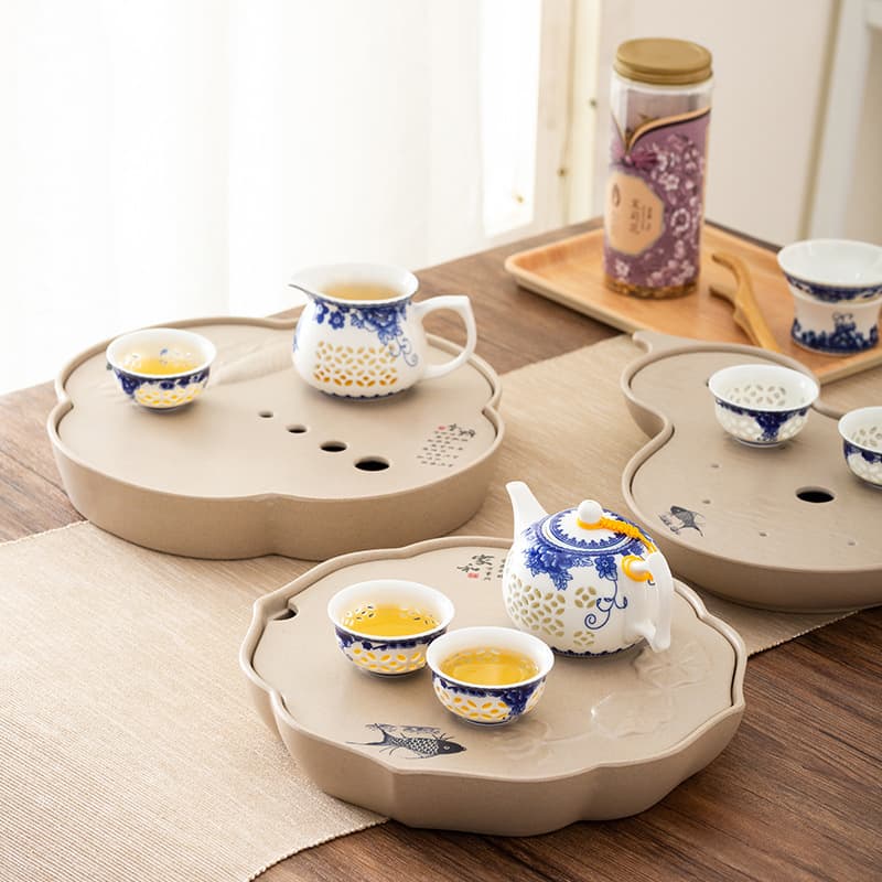 New Chinese Style Melamine Tea Tray Imitation Porcelain Plastic Tea Tray Home Use Gongfu Tea Set Dry Soaking Tray Drainage and Storage Dual-Purpose Tea Station
