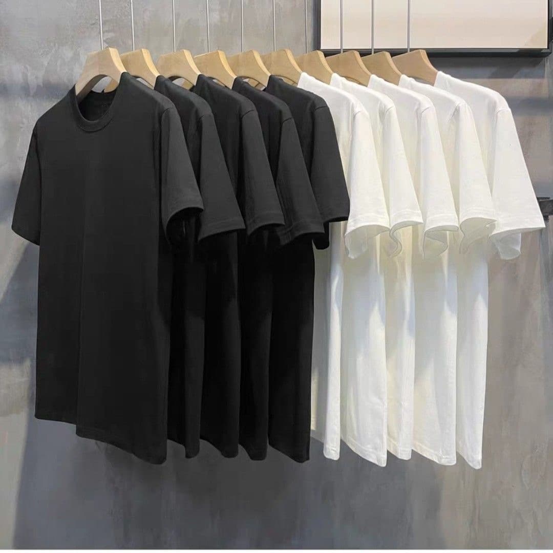 200g Pure Cotton Small Drop Shoulder Short Sleeve T-Shirt Unisex Half Sleeve Solid Color Black White Men's Round Neck Basic Top