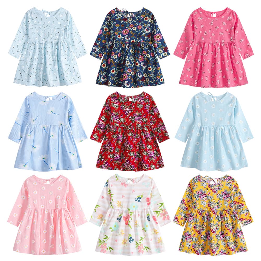 Spring and Autumn New Girls Dress Children Long Sleeve Floral Dress Baby Cotton Linen Long Sleeve Printed Dress