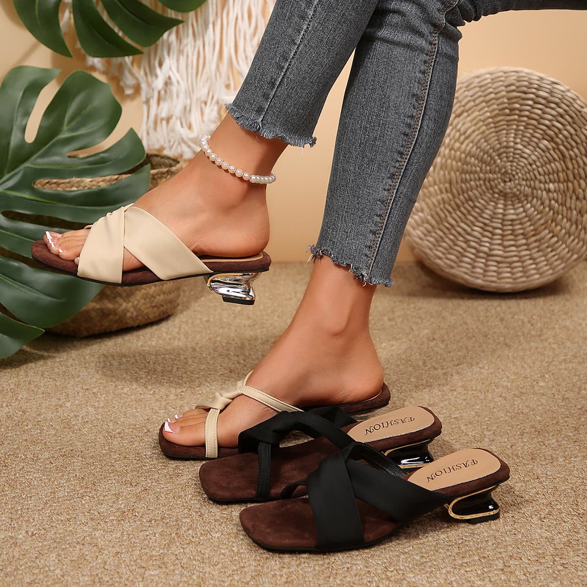 Square Toe High-End Black Wedge Heel Sandals for Women 2026 New Open Back High Heel Shoes with Dresses Export Sandals