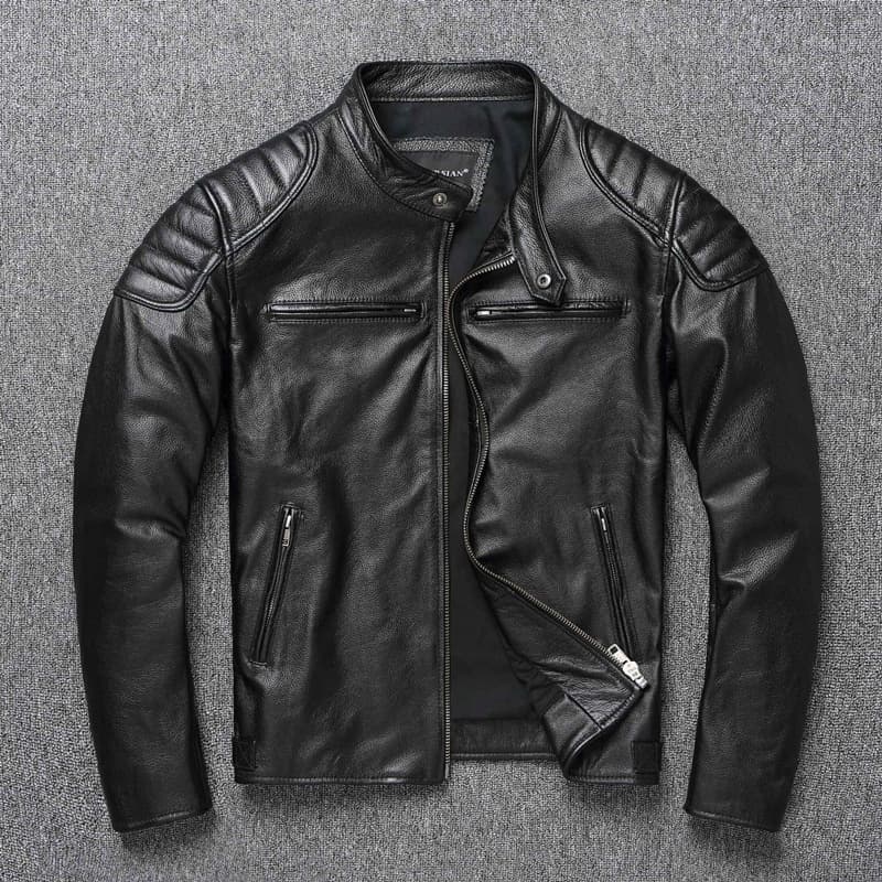 New heavyweight top-grain cowhide leather jacket for men, stand-up collar motorcycle style, plus size for spring and autumn.