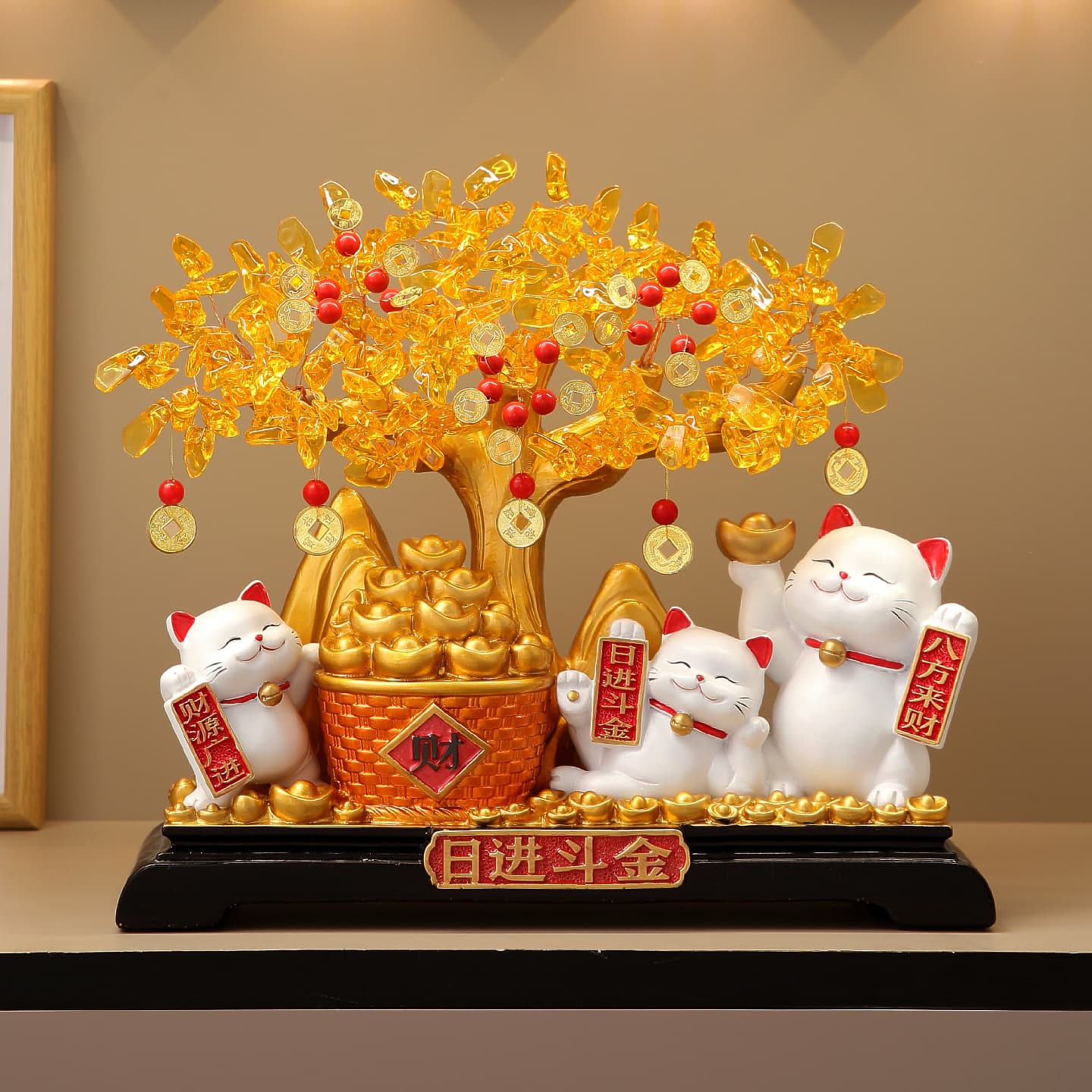 Daily Fortune Money Tree Decor, Wealth Cat New Chinese-style Ornament for Living Room Foyer Wine Cabinet Housewarming Gift