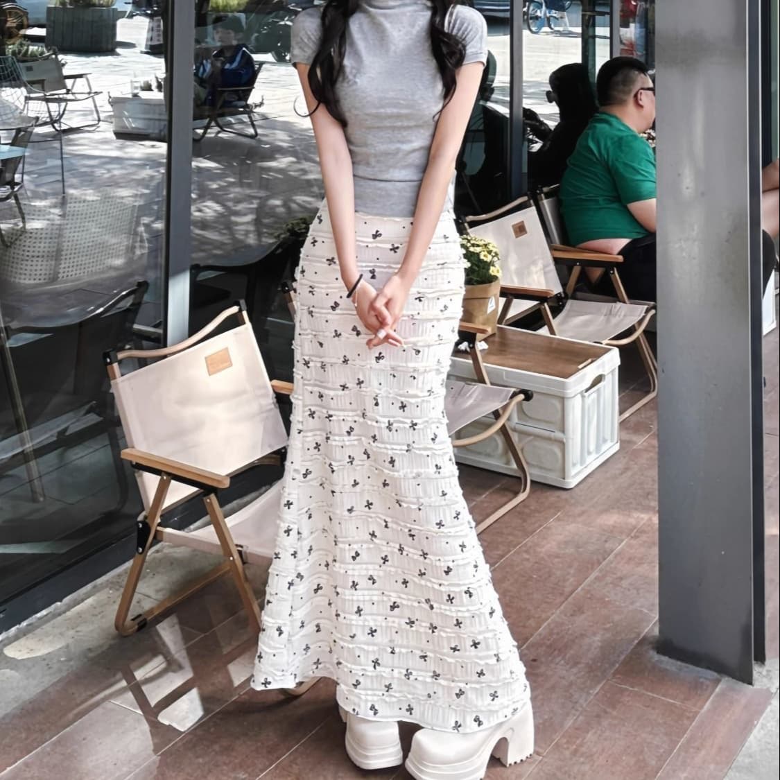 Plus Size Women's Ruffle Bow Print Lace Floral Fishtail Skirt Early Spring New High-Waist Bodycon Long Skirt