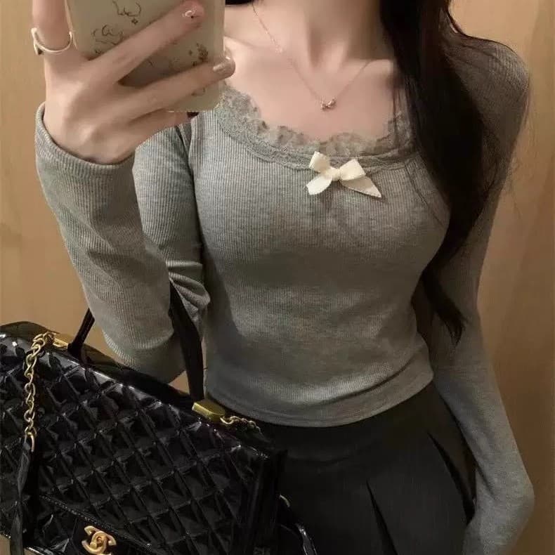 714# Early autumn new sweet brushed lace bow trim thermal long-sleeve T-shirt fitted fixed with built-in bra