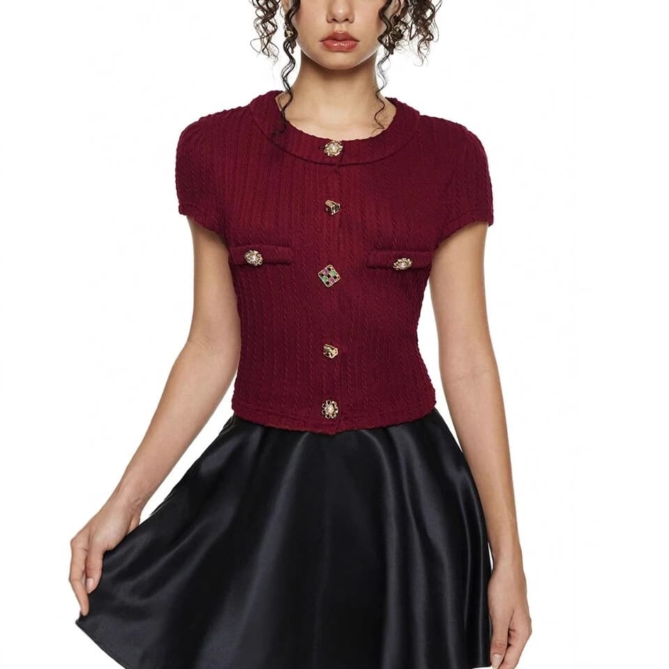 2025 Summer New Red Chanel-Style Fitted Rhinestone Round Neck Women's Knit Top