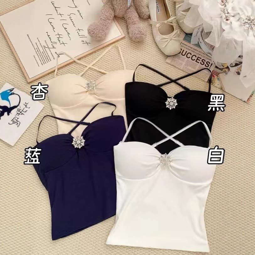 French Chic Chain Lace Camisole Top for Women, Built-in Pads, Sexy Short Bustier Top