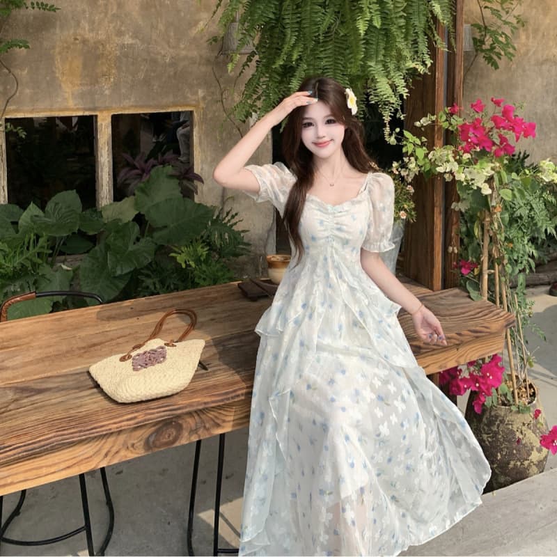 Real shot~ Plus size French short sleeve dress for women, ruffled cami dress, plus size French belly-covering slimming dress