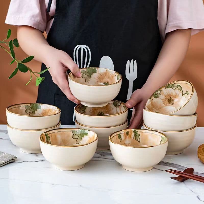 10-Pack Rice Bowls, Premium Ceramic Tableware for Home, Retro Style, Elegant Small Bowls, Microwave Safe