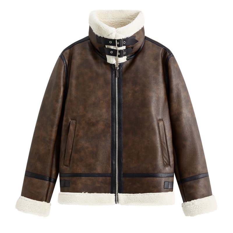 Brown Vintage Faux Shearling Jacket 2025 New Style Fur-Lined Motorcycle Coat for Women Winter