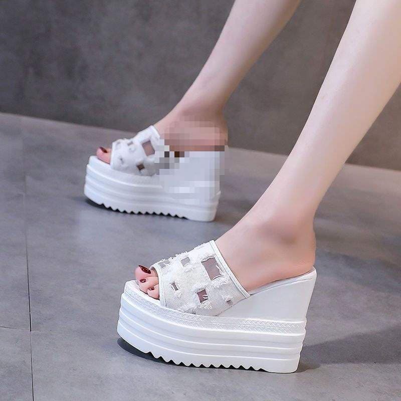 Women's Summer 2025 Open-Toe High Heel Platform Wedge Sandals with Inner Height Increase, White, Fashionable One-Strap Design