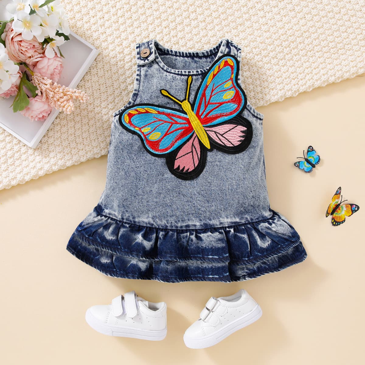 Summer New Baby Girl Large Butterfly Embroidery Retro Lace Trim Strapless Denim Dress