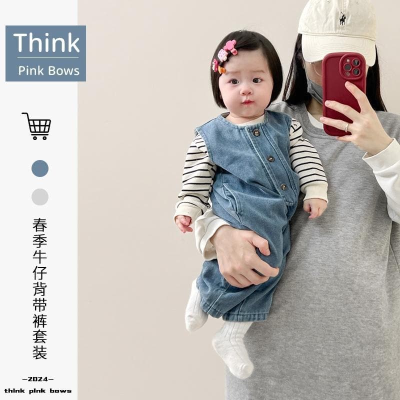 Baby spring suit denim overalls baby spring striped long-sleeved top super cute jumpsuit men's two-piece set