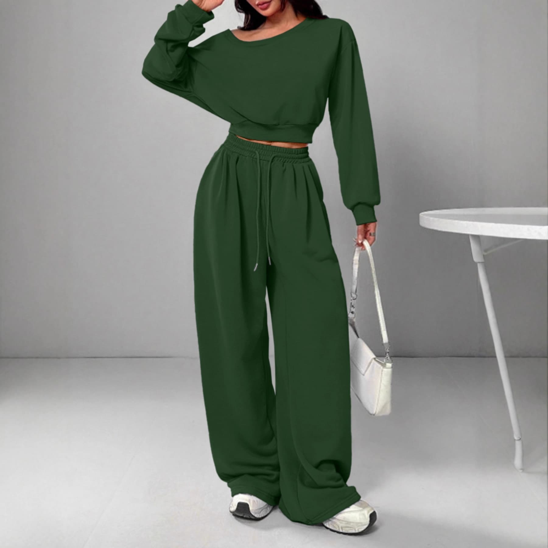 2025 New European and American Casual Set Solid Color Hoodie Women Off-Shoulder Loose Knit Short Long Sleeve Set