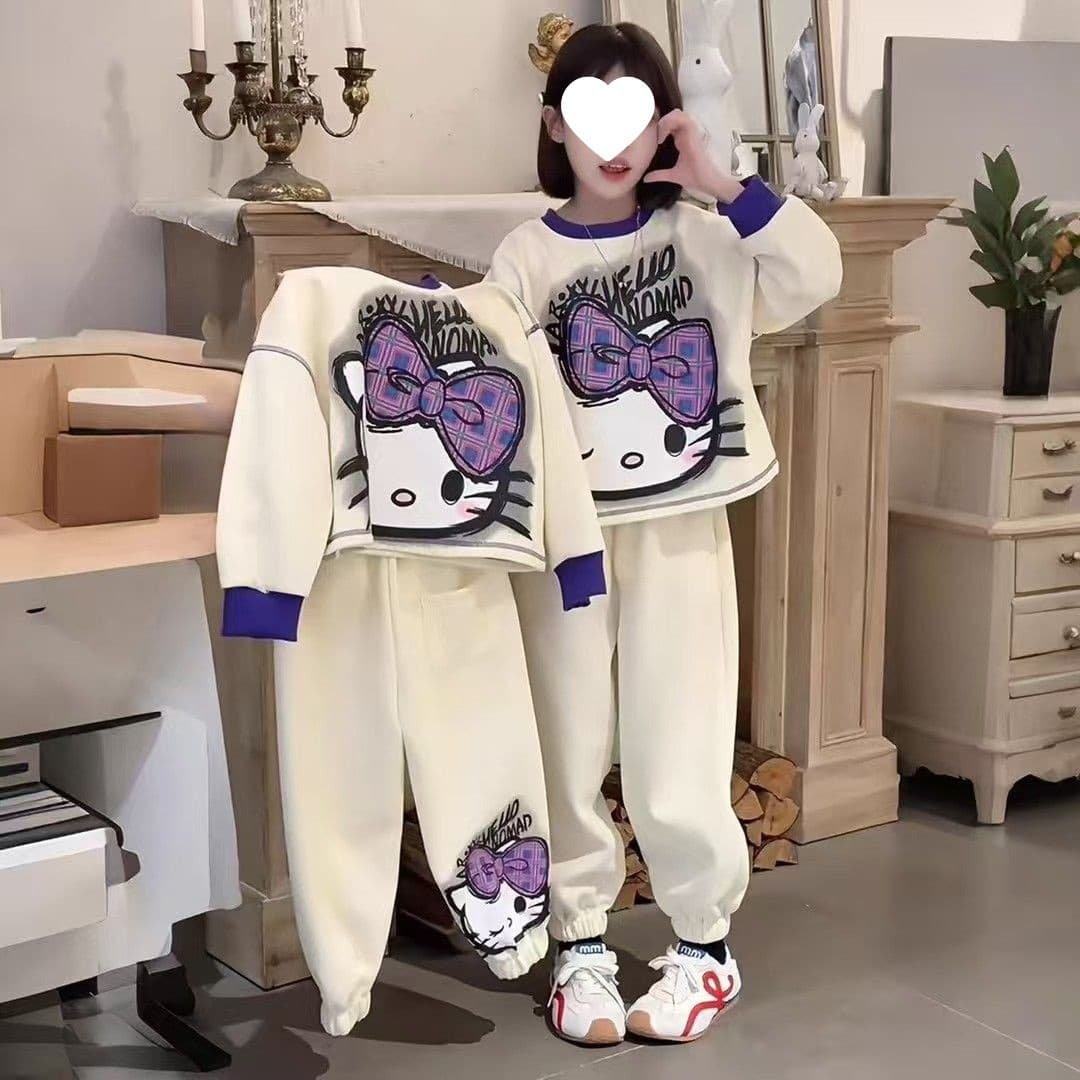 Trendy 2025 New Spring/Autumn Girls' Mid-to-Large Kids Internet Celebrity Same Style Fashion Loose Versatile Casual Cartoon Set