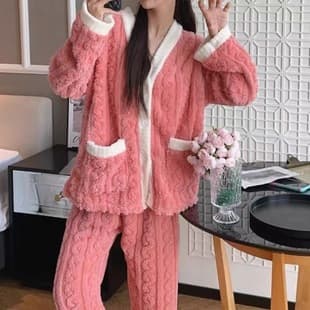 Autumn Winter Coral Fleece Casual Pajamas Women's Thickened Wear-Out Student Cute Plus Size Loose Pockets Home Set