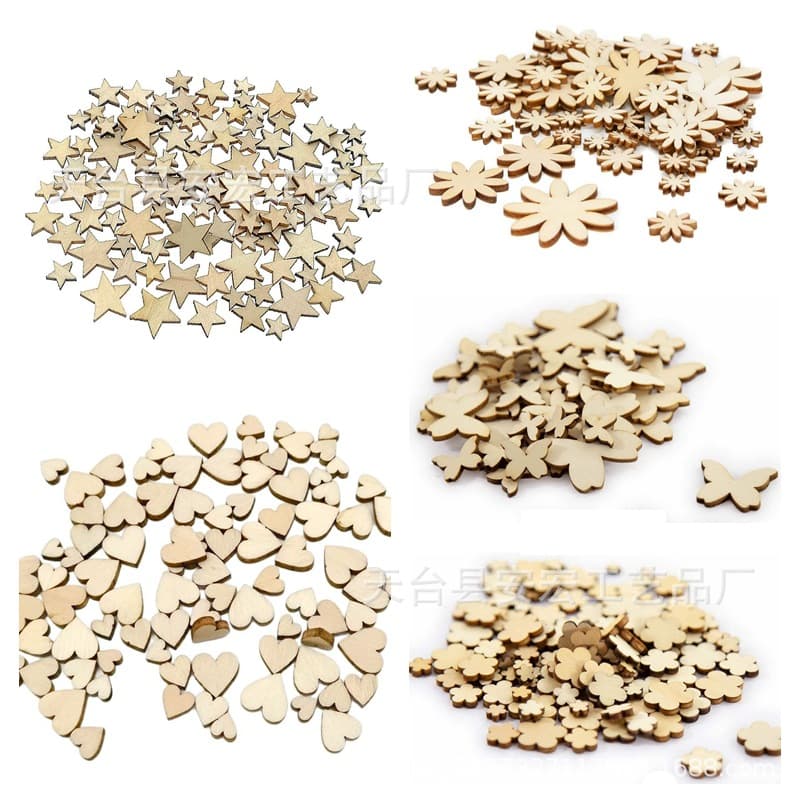 In Stock 100 Pieces Natural Wood Hearts and Stars Wood Chips DIY Unfinished Table Decor Scatter Wood Pieces