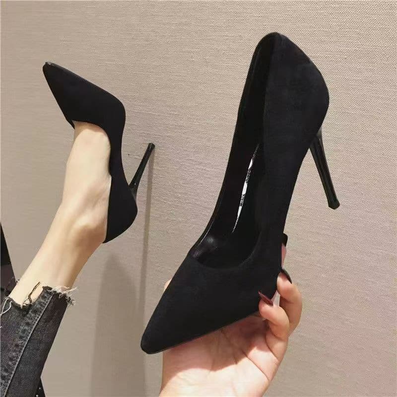 Professional Black Formal High Heel Shoes for Women 2023 New Stiletto Heel Versatile Suede Etiquette Shoes Summer High Heel Shoes