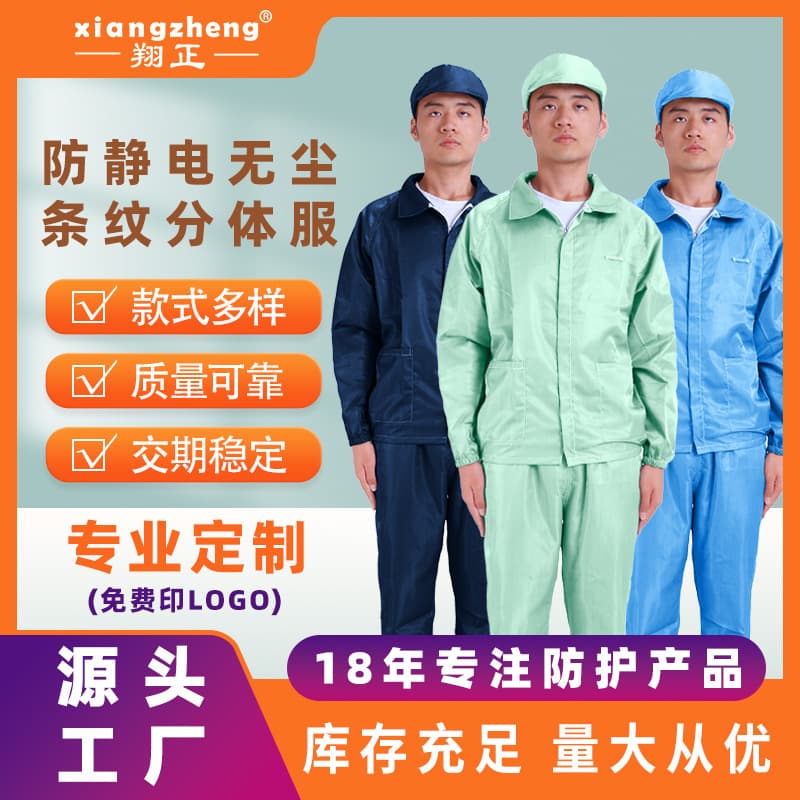 Striped zippered two-piece anti-static suits for food/electronics/new energy industries