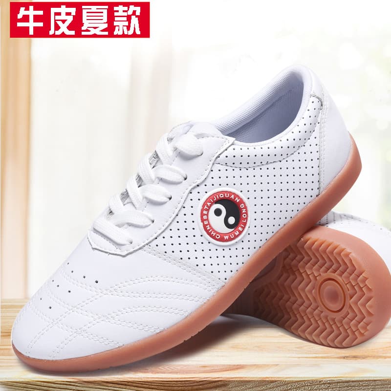 Tai Chi Shoes with Soft Leather Upper and Rubber Sole, Unisex Martial Arts Practice Shoes, Group Performance, Summer Breathable Version