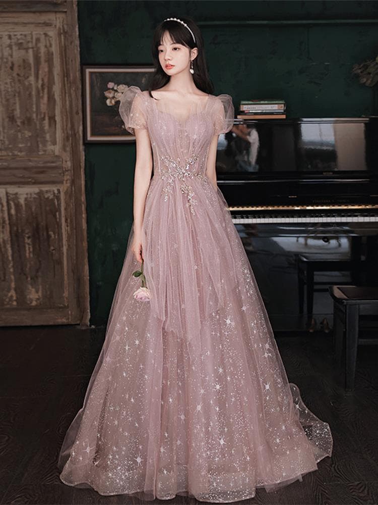 Pink wedding dress for women 2026 new summer temperament celebrity host short-sleeved long banquet evening dress
