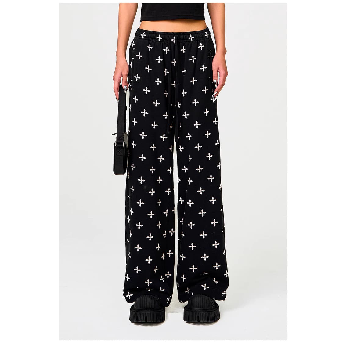 In Stock SMFK Black Garden Wide-Leg Sweatpants with Drawstring, Loose Fit, Pure Cotton, Cross Flower Full Print Casual Pants