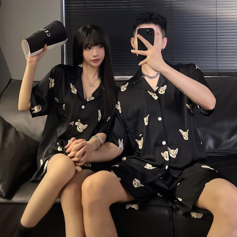 New Couple Pajamas Women's Summer Ice Silk High-End Short Sleeve Internet Celebrity Style Men's Homewear Set Women Summer