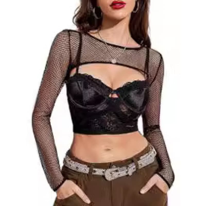 2025 Spring/Autumn Amazon AliExpress Europe & America Cross-Border Women's Mesh Hollow-Out Protective Cover-Up Shirt Women's Long Sleeve