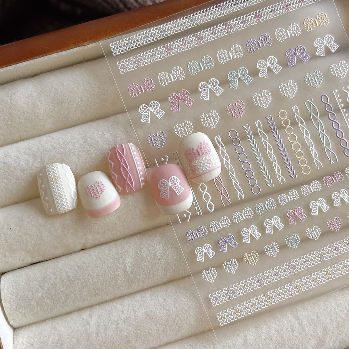 Pink Lace Bow Nail Stickers Sweet and Cute Embossed Heart Plaid Adhesive Nail Stickers Decoration Wholesale