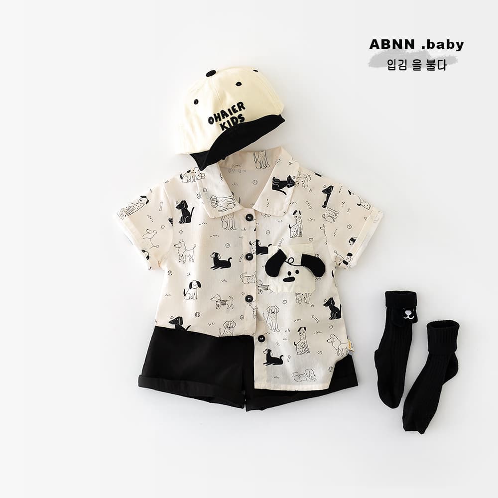 Yueji Clothing Summer Children's Lapel Short Sleeve Two-Piece Set, Infant and Toddler All-Over Print Dog Shirt Set 52755