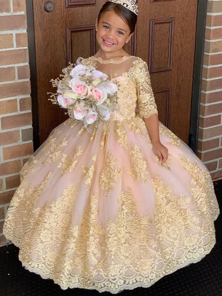 Cross-border Flower Girl Wedding Dress Long Sleeve Lace Birthday Performance Children Hosting Tutu Princess Gown