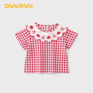 DUUDUU Red Plaid Children's Shirt 2026 Summer Thin Girls' Short Sleeve Top Korean Style Girls' Shirt