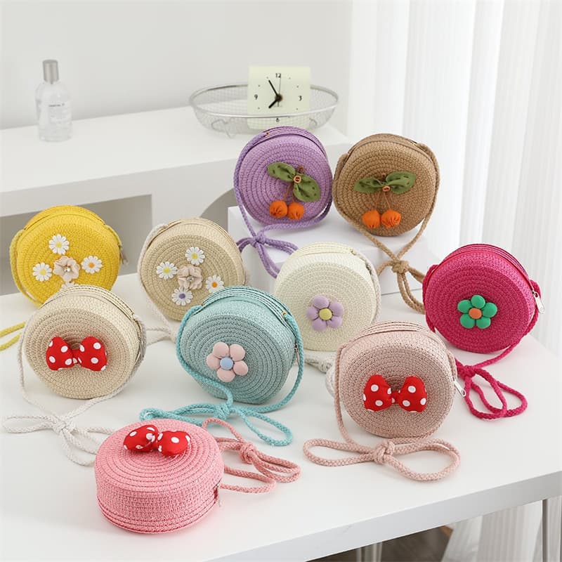 New Style Children's Straw Round Bag, Cute Cartoon Internet Celebrity Style, Bowknot Kids Coin Purse, Crossbody Small Bag, Woven Bag