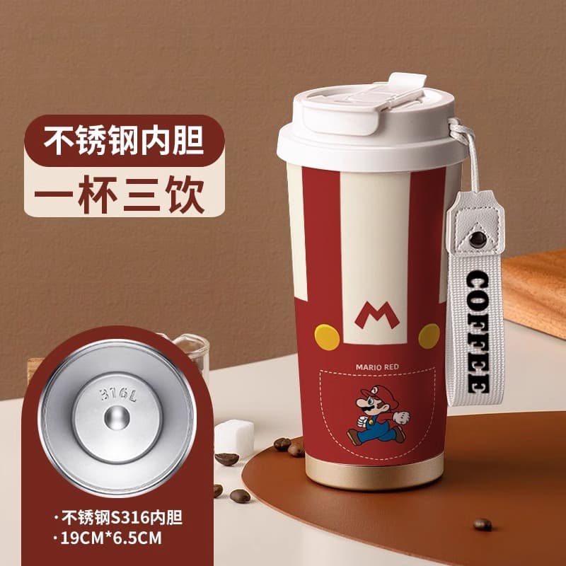 Mario Coffee Insulated Cup Portable High-Appearance 316 Stainless Steel Women's Dual-Drink Straw Cup Travel Cup Gift Cup